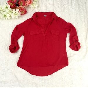 Red Chiffon Pocket Front Blouse with Rolled Sleeves